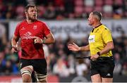 16 April 2022; Duane Vermeulen of Ulster in conversation with assistant referee Phil Watters during the Heineken Champions Cup Round of 16 Second Leg match between Ulster and Toulouse at Kingspan Stadium in Belfast. Photo by Ramsey Cardy/Sportsfile