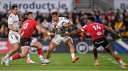 16 April 2022; Tim Nanai-Williams of Toulouse in action against James Hume, left, and Robert Baloucoune of Ulster during the Heineken Champions Cup Round of 16 Second Leg match between Ulster and Toulouse at Kingspan Stadium in Belfast. Photo by Ramsey Cardy/Sportsfile