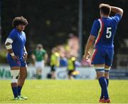 16 April 2022; France players, Valentin Simutoga, left, and Léo Labarthe during the U19 Rugby International match between Ireland and France at Templeville Road in Dublin. Photo by Eóin Noonan/Sportsfile