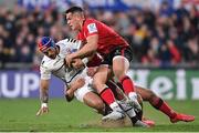 16 April 2022; Pita Ahki of Toulouse is tackled by James Hume of Ulster during the Heineken Champions Cup Round of 16 Second Leg match between Ulster and Toulouse at Kingspan Stadium in Belfast. Photo by Ramsey Cardy/Sportsfile