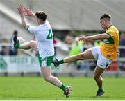 17 April 2022; Darragh Rooney of Leitrim in action against Nathan McElwaine of London during the Connacht GAA Football Senior Championship Quarter-Final match between London and Leitrim at McGovern Park in Ruislip, London, England. Photo by Sam Barnes/Sportsfile