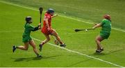 17 April 2022; Cork's Johanne Casey beats Kerry Captain Rachael McCarthy, 7, but has a shot on goal saved by Kerry goalkeeper Sarah Ahern during the Munster Intermediate Camogie Championship Final match between Cork and Kerry at Páirc Uí Chaoimh in Cork. Photo by Ray McManus/Sportsfile