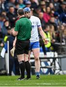 17 April 2022; Austin Gleeson of Waterford in conversation with referee Johnny Murphy before being shown the yellow card during the Munster GAA Hurling Senior Championship Round 1 match between Waterford and Tipperary at Walsh Park in Waterford. Photo by Piaras Ó Mídheach/Sportsfile