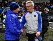 17 April 2022; Waterford manager Liam Cahill and Tipperary manager Colm Bonnar shake hands after the Munster GAA Hurling Senior Championship Round 1 match between Waterford and Tipperary at Walsh Park in Waterford. Photo by Piaras Ó Mídheach/Sportsfile