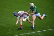 17 April 2022; Cork goalkeeper Patrick Collins is tackled by Kyle Hayes of Limerick during the Munster GAA Hurling Senior Championship Round 1 match between Cork and Limerick at Páirc Uí Chaoimh in Cork. Photo by Stephen McCarthy/Sportsfile