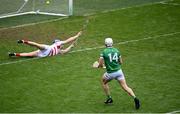 17 April 2022; Aaron Gillane of Limerick shoots to score his side's second goal during the Munster GAA Hurling Senior Championship Round 1 match between Cork and Limerick at Páirc Uí Chaoimh in Cork. Photo by Stephen McCarthy/Sportsfile