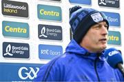 17 April 2022; The sponsor backdrop is seen as Waterford manager Liam Cahill is interviewed after the Munster GAA Hurling Senior Championship Round 1 match between Waterford and Tipperary at Walsh Park in Waterford. Photo by Brendan Moran/Sportsfile