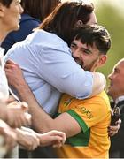 17 April 2022; Mark Plunkett of Leitrim is congratulated by his mother Merese Plunkett from Aughawillan in Leitrim, after his side's victory in the Connacht GAA Football Senior Championship Quarter-Final match between London and Leitrim at McGovern Park in Ruislip, London, England. Photo by Sam Barnes/Sportsfile