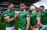 17 April 2022; Limerick players, from left, Dan Morrisey, Barry Nash, Cian Lynch and Declan Hannon celebrate after the Munster GAA Hurling Senior Championship Round 1 match between Cork and Limerick at Páirc Uí Chaoimh in Cork. Photo by Ray McManus/Sportsfile