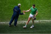 17 April 2022; Limerick manager John Kiely with Gearoid Hegarty of Limerick during the Munster GAA Hurling Senior Championship Round 1 match between Cork and Limerick at Páirc Uí Chaoimh in Cork. Photo by Stephen McCarthy/Sportsfile