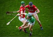 17 April 2022; William O'Donoghue of Limerick in action against Conor Lehane and Seamus Harnedy of Cork during the Munster GAA Hurling Senior Championship Round 1 match between Cork and Limerick at Páirc Uí Chaoimh in Cork. Photo by Stephen McCarthy/Sportsfile