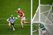 17 April 2022; Damien Cahalane of Cork celebrates after scoring his side's first goal past Limerick goalkeeper Nickie Quaid during the Munster GAA Hurling Senior Championship Round 1 match between Cork and Limerick at Páirc Uí Chaoimh in Cork. Photo by Stephen McCarthy/Sportsfile