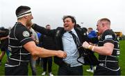 17 April 2022; Kilkenny president Dave Matthews celebrates with Roy Stanley, left, and Aiden McDonald of Kilkenny after their side's victory in the Bank of Ireland Leinster Rugby Provincial Towns Cup Final match between Ashbourne RFC and Kilkenny RFC at Cill Dara RFC in Kildare. Photo by Harry Murphy/Sportsfile