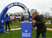 17 April 2022; Supporter Eamonn Egan reads the previous winners before the Bank of Ireland Leinster Rugby Provincial Towns Cup Final match between Ashbourne RFC and Kilkenny RFC at Cill Dara RFC in Kildare. Photo by Harry Murphy/Sportsfile