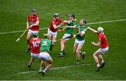 17 April 2022; William O'Donoghue of Limerick in action against Shane Barrett, right, of Cork during the Munster GAA Hurling Senior Championship Round 1 match between Cork and Limerick at Páirc Uí Chaoimh in Cork. Photo by Stephen McCarthy/Sportsfile