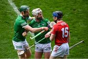 17 April 2022; Cian Lynch, 11, and William O'Donoghue of Limerick with Conor Lehane of Cork during the Munster GAA Hurling Senior Championship Round 1 match between Cork and Limerick at Páirc Uí Chaoimh in Cork. Photo by Stephen McCarthy/Sportsfile