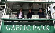 17 April 2022; The RTÉ commentary team of Darren Frehill, Pat Spillane and Rory O'Brien during the Connacht GAA Football Senior Championship Quarter-Final match between New York and Sligo at Gaelic Park in New York, USA. Photo by Daire Brennan/Sportsfile