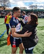 17 April 2022; New York GAA Chairperson Joan Henchy consoles Daniel O’Sullivan of New York after the Connacht GAA Football Senior Championship Quarter-Final match between New York and Sligo at Gaelic Park in New York, USA. Photo by Daire Brennan/Sportsfile