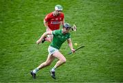 17 April 2022; Diarmaid Byrnes of Limerick in action against Shane Kingston of Cork during the Munster GAA Hurling Senior Championship Round 1 match between Cork and Limerick at Páirc Uí Chaoimh in Cork. Photo by Stephen McCarthy/Sportsfile