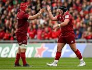 16 April 2022; John Hodnett and Josh Wycherley of Munster during the Heineken Champions Cup Round of 16 Second Leg match between Munster and Exeter Chiefs at Thomond Park in Limerick. Photo by Harry Murphy/Sportsfile