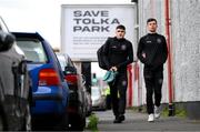 18 April 2022; Dawson Devoy, left, and James Finnerty of Bohemians arrive for the SSE Airtricity League Premier Division match between Shelbourne and Bohemians at Tolka Park in Dublin. Photo by Stephen McCarthy/Sportsfile
