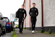18 April 2022; Dawson Devoy, left, and James Finnerty of Bohemians arrive for the SSE Airtricity League Premier Division match between Shelbourne and Bohemians at Tolka Park in Dublin. Photo by Stephen McCarthy/Sportsfile
