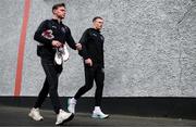 18 April 2022; Conor Levingston, left, and Ciarán Kelly of Bohemians arrive for the SSE Airtricity League Premier Division match between Shelbourne and Bohemians at Tolka Park in Dublin. Photo by Stephen McCarthy/Sportsfile