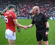 17 April 2022; The Cork captain Mark Coleman with referee John Keenan before the Munster GAA Hurling Senior Championship Round 1 match between Cork and Limerick at Páirc Uí Chaoimh in Cork. Photo by Ray McManus/Sportsfile