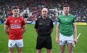 17 April 2022; The Cork captain Mark Coleman with referee John Keenan and the Limerick captain Declan Hannon before the Munster GAA Hurling Senior Championship Round 1 match between Cork and Limerick at Páirc Uí Chaoimh in Cork. Photo by Ray McManus/Sportsfile