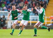 18 April 2022; Matt Healy of Cork City, centre, celebrates after scoring his side's first goal with team-mates during the SSE Airtricity League First Division match between Waterford and Cork City at RSC in Waterford. Photo by Michael P Ryan/Sportsfile