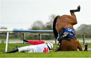 18 April 2022; Marvel Fan and jockey Bryan Cooper fall at the last during the Farmhouse Foods Novice Handicap Hurdle on day three of the Fairyhouse Easter Festival at Fairyhouse Racecourse in Ratoath, Meath. Photo by Seb Daly/Sportsfile