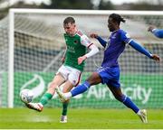 18 April 2022; Matt Healy of Cork City in action against Richard Taylor of Waterford during the SSE Airtricity League First Division match between Waterford and Cork City at RSC in Waterford. Photo by Michael P Ryan/Sportsfile