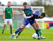 18 April 2022; Matt Healy of Cork City in action against Yassine En Neyah of Waterford during the SSE Airtricity League First Division match between Waterford and Cork City at RSC in Waterford. Photo by Michael P Ryan/Sportsfile