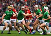 17 April 2022; Limerick players, from left, Tom Morrisey, Cian Lynch, Kyle Hayes, Gearoid Hegarty, and Aaron Gillane watch the sliotar under pressure from Cork players Tim O’Mahony and Ciarán Joyce, 7, during the Munster GAA Hurling Senior Championship Round 1 match between Cork and Limerick at Páirc Uí Chaoimh in Cork. Photo by Ray McManus/Sportsfile