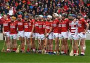 17 April 2022; The Cork team during the National Anthem before the Munster GAA Hurling Senior Championship Round 1 match between Cork and Limerick at Páirc Uí Chaoimh in Cork. Photo by Ray McManus/Sportsfile