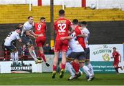 18 April 2022; Sean Boyd of Shelbourne heads his side's first goal  during the SSE Airtricity League Premier Division match between Shelbourne and Bohemians at Tolka Park in Dublin. Photo by Stephen McCarthy/Sportsfile