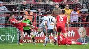 18 April 2022; Kameron Ledwidge of Shelbourne tackled Junior Ogedi-Uzokwe of Bohemians resulting a Bohemians penalty during the SSE Airtricity League Premier Division match between Shelbourne and Bohemians at Tolka Park in Dublin. Photo by Stephen McCarthy/Sportsfile