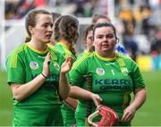 17 April 2022; Kerry players Sara Murphy, left, and goalkeeper Emma Lawlor during the cup presentation after the Munster Intermediate Camogie Championship Final match between Cork and Kerry at Páirc Uí Chaoimh in Cork. Photo by Ray McManus/Sportsfile