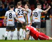 18 April 2022; Kris Twardek, 23, celebrates with Bohemians team-mates, from left, Ali Coote, Max Murphy and Dawson Devoy after scoring their side's third goal during the SSE Airtricity League Premier Division match between Shelbourne and Bohemians at Tolka Park in Dublin. Photo by Stephen McCarthy/Sportsfile