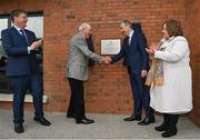 18 April 2022; An Taoiseach Micheál Martin TD, second right, unveils a plaque commemorating the 150th running of the Grand National, alongside, from left, Fairyhouse Racecourse general manager Peter Rowe, Fairyhouse Racecourse chairman Pat Byrne, and Horse Racing Ireland chief executive Suzanne Eade during day three of the Fairyhouse Easter Festival at Fairyhouse Racecourse in Ratoath, Meath. Photo by Seb Daly/Sportsfile