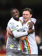 18 April 2022; Junior Ogedi-Uzokwe of Bohemians celebrates after scoring his side's fourth goal with team-mate Conor Levingston, right, during the SSE Airtricity League Premier Division match between Shelbourne and Bohemians at Tolka Park in Dublin. Photo by Stephen McCarthy/Sportsfile