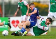 18 April 2022; Niall O'Keeffe of Waterford is tackled by Matt Srbely of Cork City during the SSE Airtricity League First Division match between Waterford and Cork City at RSC in Waterford. Photo by Michael P Ryan/Sportsfile