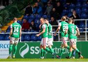 18 April 2022; Ally Gilchrist, 6, of Cork City, centre, celebrates with team-mates after scoring his side's second goal during the SSE Airtricity League First Division match between Waterford and Cork City at RSC in Waterford. Photo by Michael P Ryan/Sportsfile