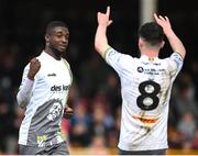 18 April 2022; Junior Ogedi-Uzokwe of Bohemians celebrates after scoring his side's fourth goal, with team-mate Ali Coote, 8, during the SSE Airtricity League Premier Division match between Shelbourne and Bohemians at Tolka Park in Dublin. Photo by Stephen McCarthy/Sportsfile