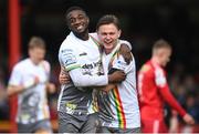 18 April 2022; Junior Ogedi-Uzokwe of Bohemians celebrates after scoring his side's fourth goal with team-mate Conor Levingston, right, during the SSE Airtricity League Premier Division match between Shelbourne and Bohemians at Tolka Park in Dublin. Photo by Stephen McCarthy/Sportsfile