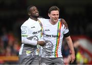 18 April 2022; Junior Ogedi-Uzokwe of Bohemians celebrates after scoring his side's fourth goal with team-mate Conor Levingston, right, during the SSE Airtricity League Premier Division match between Shelbourne and Bohemians at Tolka Park in Dublin. Photo by Stephen McCarthy/Sportsfile