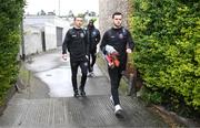 18 April 2022; Bohemians players Jordan Doherty, right, and Tyreke Wilson arrive for the SSE Airtricity League Premier Division match between Shelbourne and Bohemians at Tolka Park in Dublin. Photo by Stephen McCarthy/Sportsfile