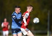 18 April 2022; Mark Doyle of St Patrick's Athletic in action against Michael Gallagher of UCD during the SSE Airtricity League Premier Division match between UCD and St Patrick's Athletic at UCD Bowl in Belfield, Dublin. Photo by David Fitzgerald/Sportsfile