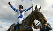 18 April 2022; Jockey Paddy O'Hanlon celebrates after riding Lord Lariat to victory in the BoyleSports Irish Grand National Steeplechase during day three of the Fairyhouse Easter Festival at Fairyhouse Racecourse in Ratoath, Meath. Photo by Seb Daly/Sportsfile