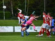 18 April 2022; Tunde Owolabi of St Patrick's Athletic has a header which subsequently goes wide during the SSE Airtricity League Premier Division match between UCD and St Patrick's Athletic at UCD Bowl in Belfield, Dublin. Photo by David Fitzgerald/Sportsfile